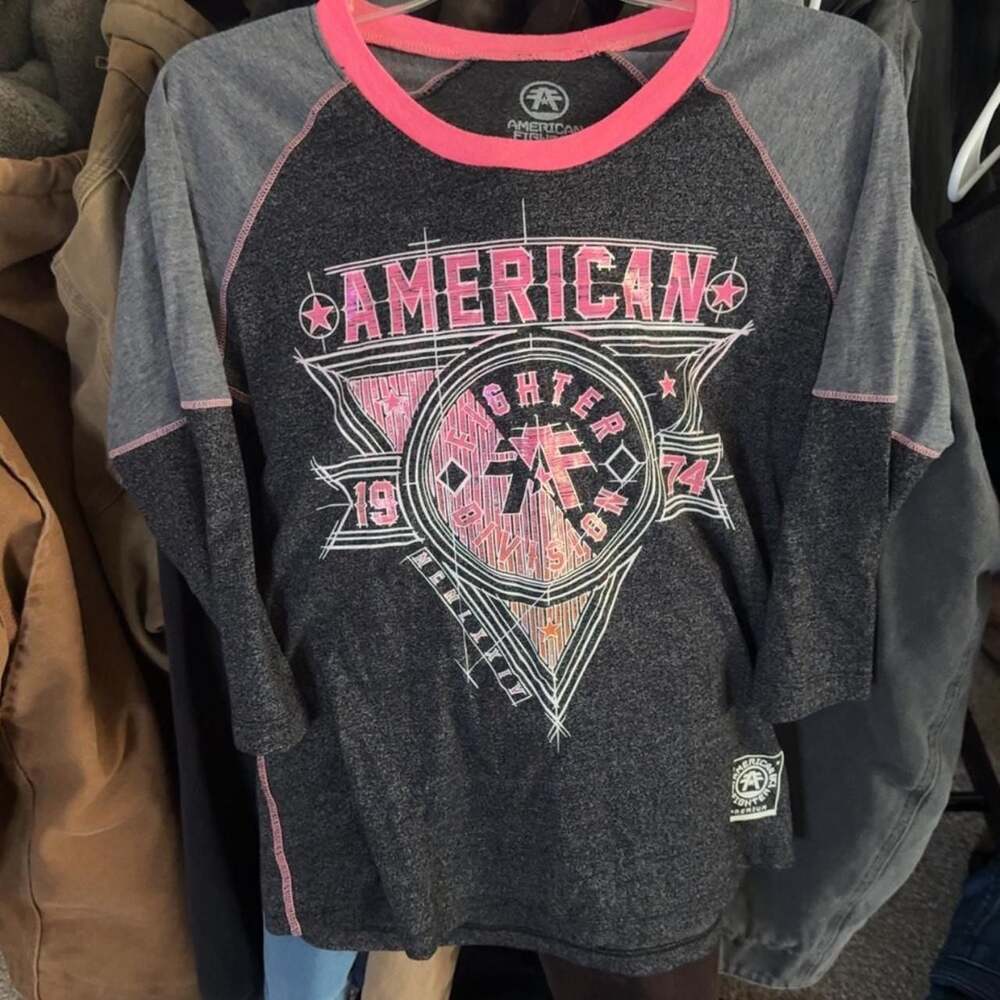 American Fighter Raglan 3/4 Sleeve Pink and Grey Graphic Tee
